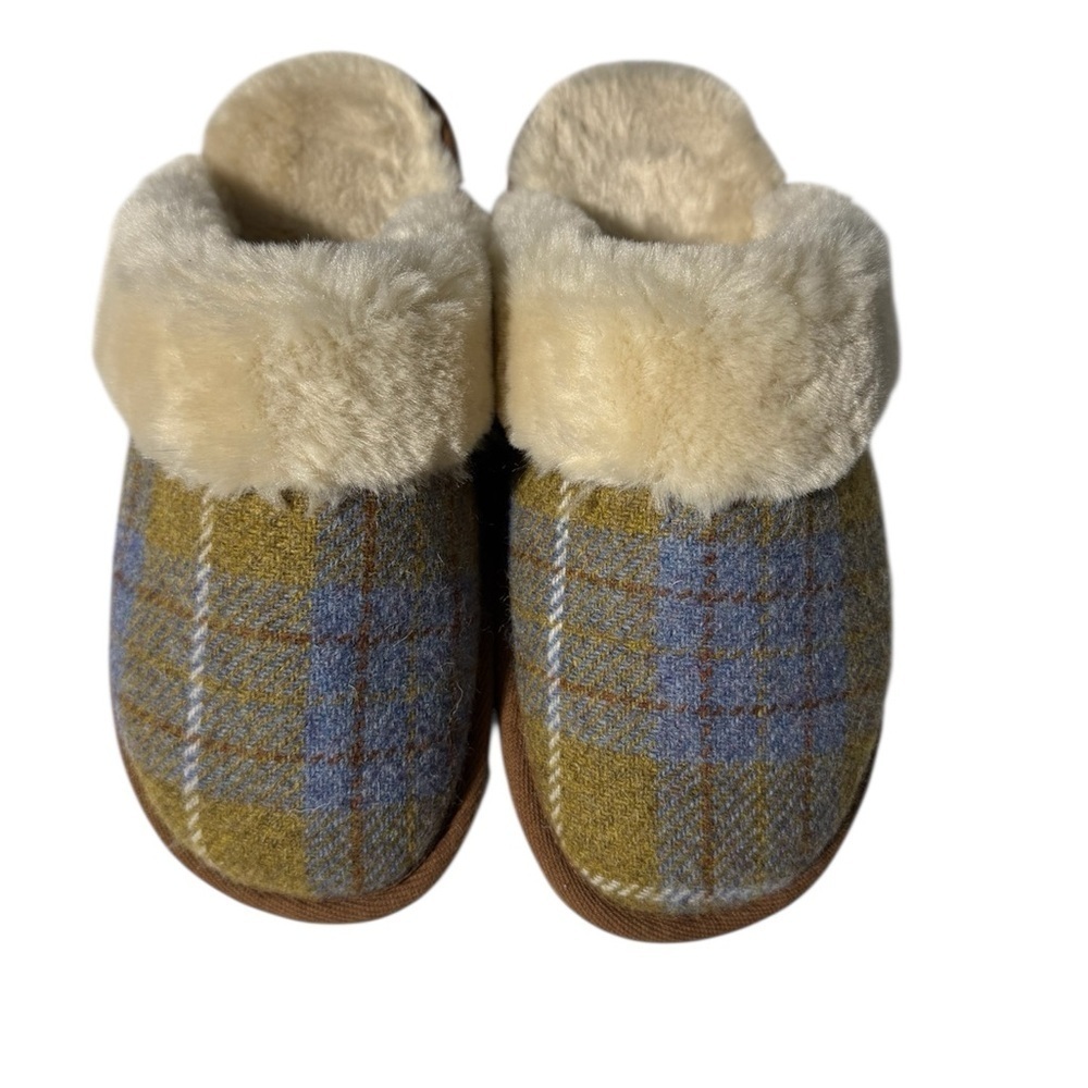 Lamo Plaid Wool Clog Slippers with Cream Faux Fur Trim